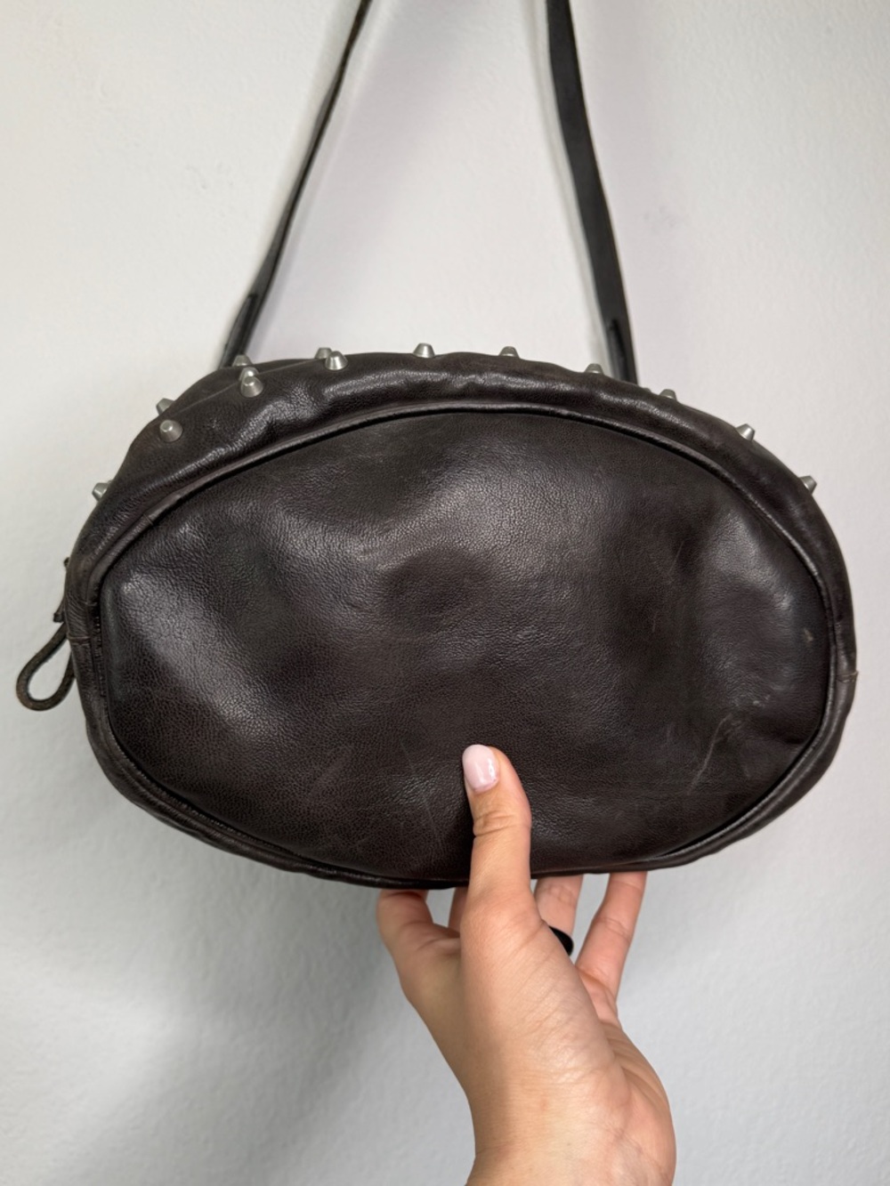 A.S.98 Studded Leather Bucket Bag Gray Brown Distressed Zipper Compartment - Picture 7 of 15